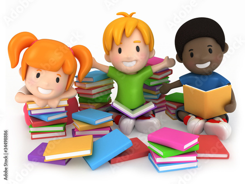 3D Render of Kids Surrounded by Books #34498886