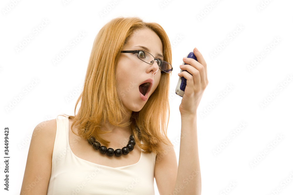 Closeup portrait of surprised young redhead business woman