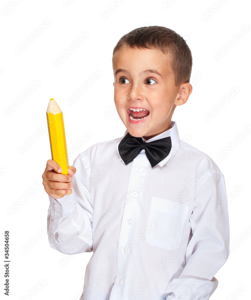 Happy elementary student boy with yellow pensil Happy elementary student boy with yellow pensil