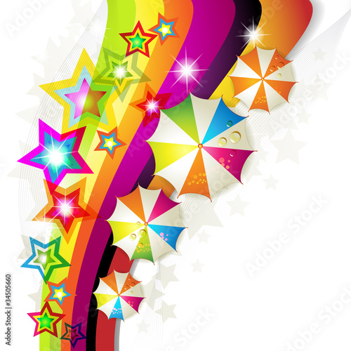 Colored background with colored stars and umbrellas