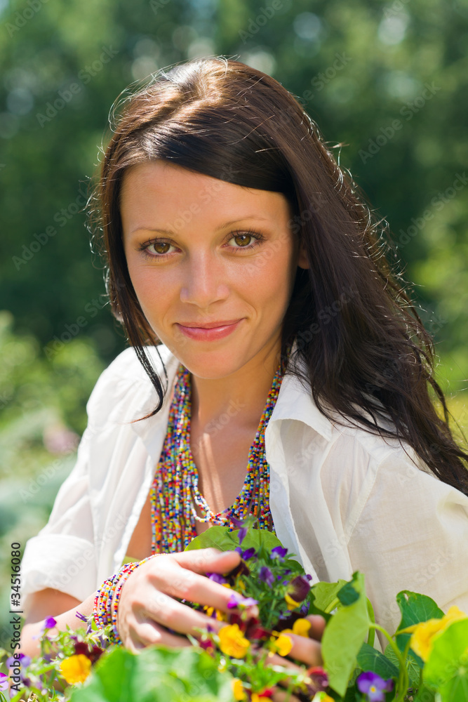 Summer garden beautiful woman smiling flower Summer garden beautiful woman smiling flower