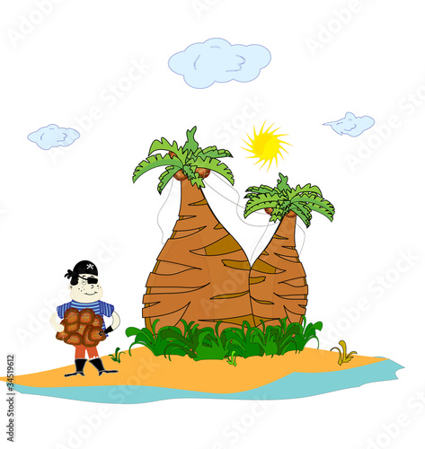 pirate on an island with palm trees vector
