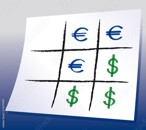 Euro Dollar Tic-tac-toe. Naughts and crosses with Euro and Dollar symbols, a paper-and-pencil game with blue background gradient. Xs and Os illustration. Vector.