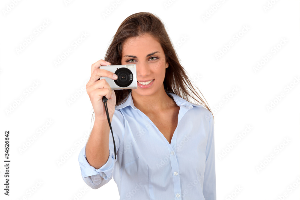 Portrait of beautiful woman using compact digital camera Portrait of beautiful woman using compact digital camera