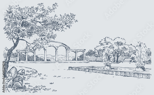 Landscape sketch of autumn park