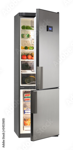 Two door INOX refrigerator with LCD  isolated on white