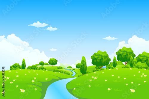 Green Landscape with river trees and flowers