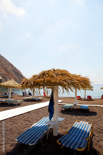 Sunbeds in Perissa  Santorini  Greece