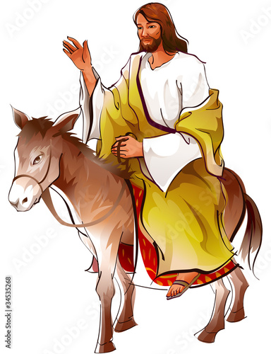 Side view of Jesus Christ sitting on donkey