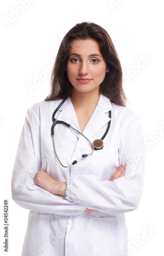 A young female brunette doctor with a stethoscope