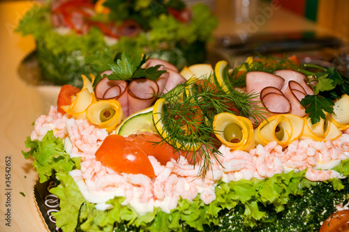 Swedish cake with shrimps and ham (smorgastarta)