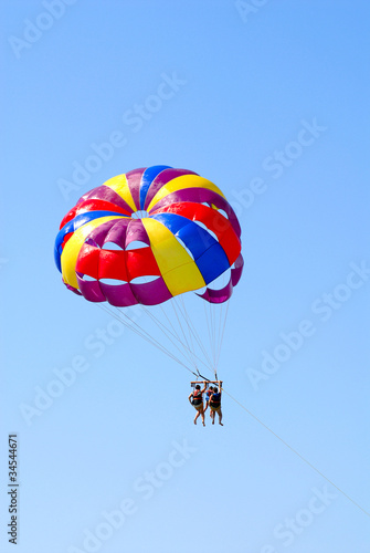 The family flies on a parachute