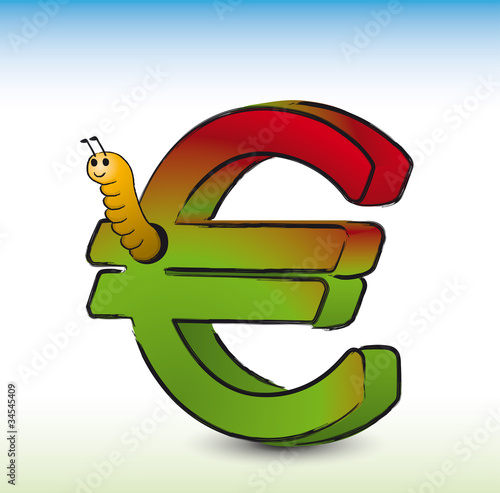 Wormy Euro. Cartoon of an Euro symbol being eaten by a worm. Illustration on white background. Vector.