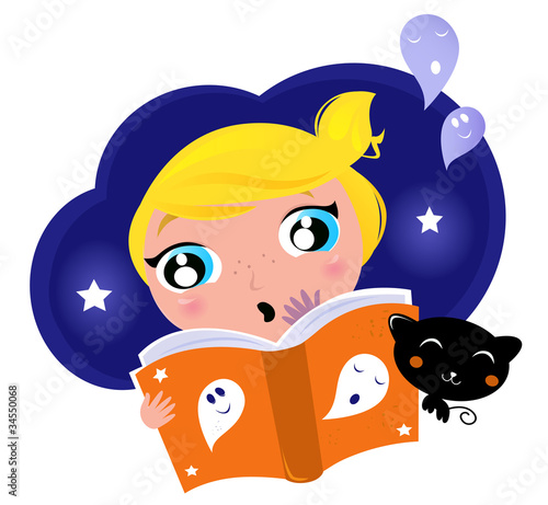 Little child has fear when reading Halloween Night Story