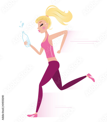 Young sporty woman jogging or running isolated on white