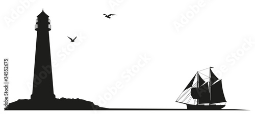Küstenlandschaft Leuchtturm Segelboot Silhouette