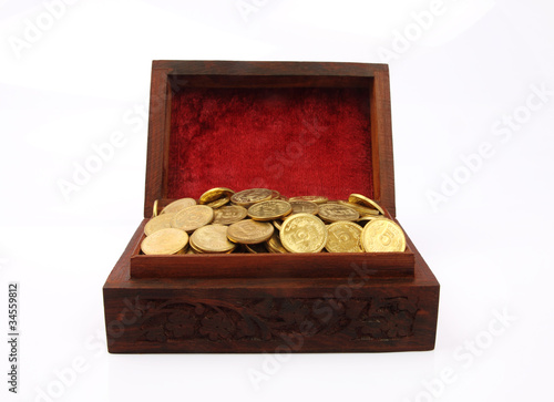 Wooden Treasure Chest Filled with Gold Coin