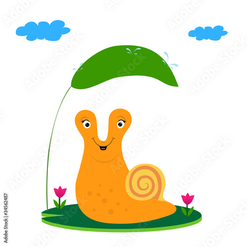 Snail, flowers and green leaf - Kid Illustration