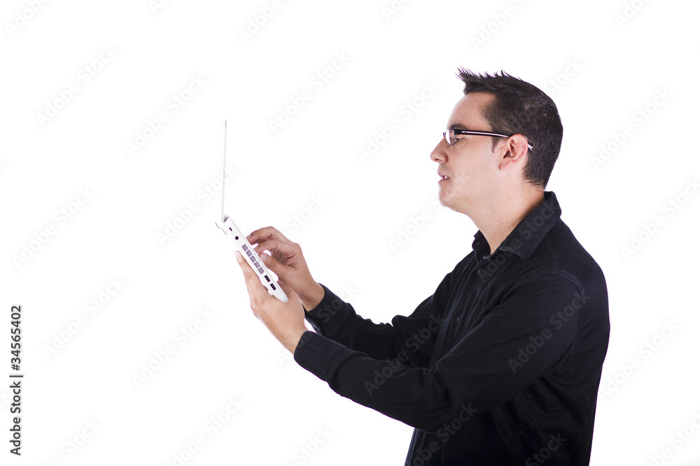 young man using computer office wifi young man using computer office wifi