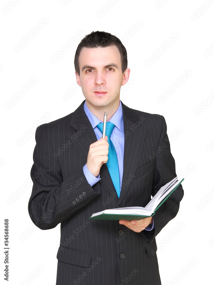 Businessman with organizer and pen. Isolated Businessman with organizer and pen. Isolated