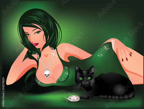 Beautiful sexy girl with a black cat, vector illustration