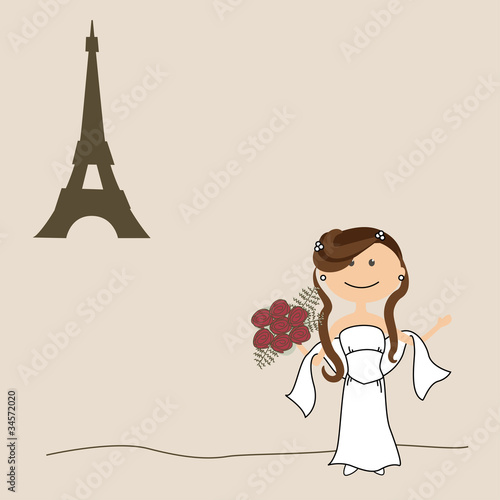 Wedding invitation with bride and Eiffel Tower