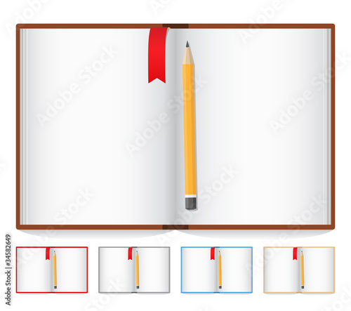 Vector opened book with pencil and bookmark