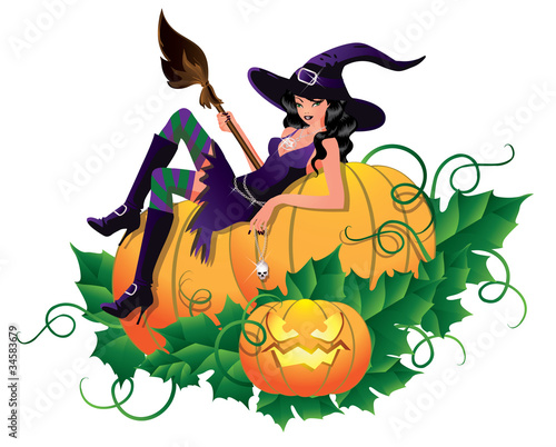 Sexy witch  with pumpkin, vector illustration