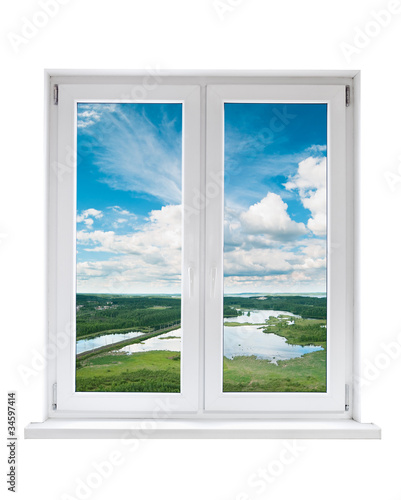 Obraz Białe plastikowe podwójne drzwi okno z widokiem na spokojny krajobraz
