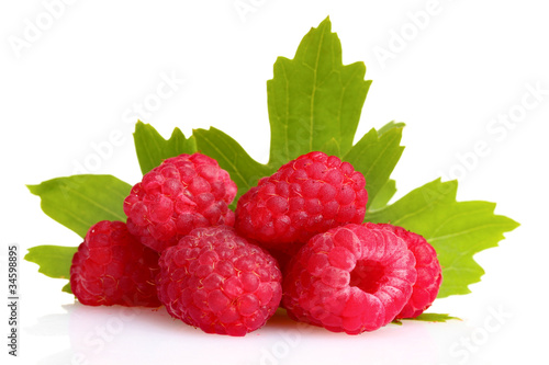 fresh raspberries and leaves isolated on white