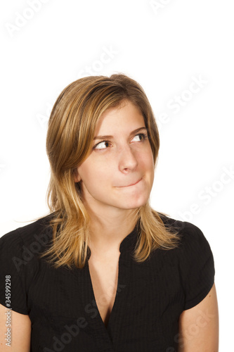 close up of young woman over white background