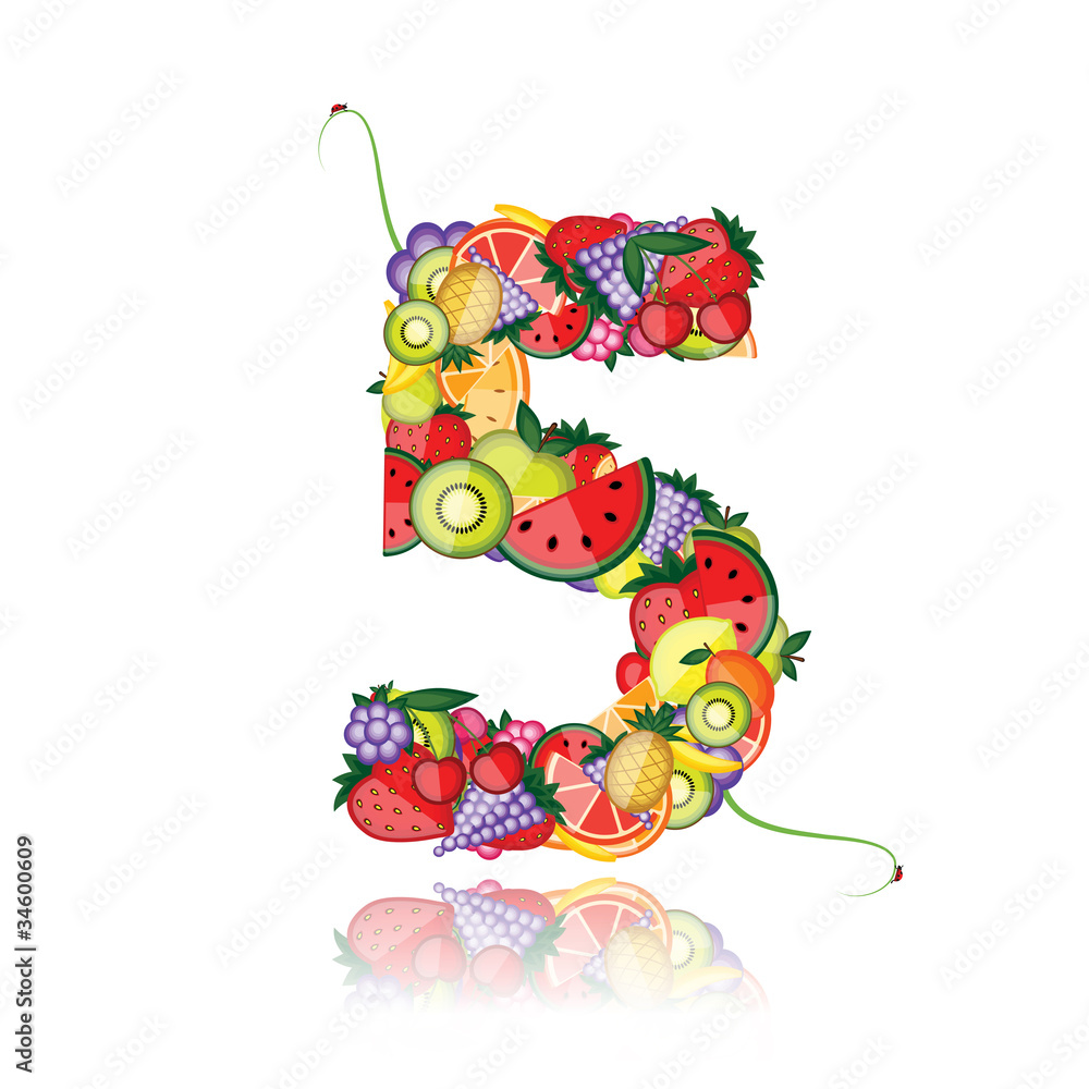 Number five made from fruits. See others in my gallery - obrazy, fototapety, plakaty 