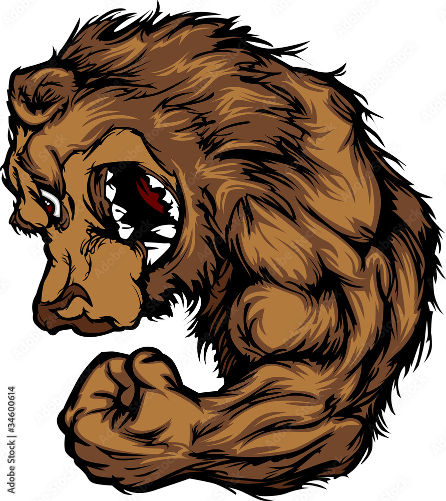 Obraz premium Bear Mascot Flexing Arm Cartoon