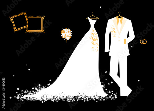 Wedding groom suit and bride's dress white on black