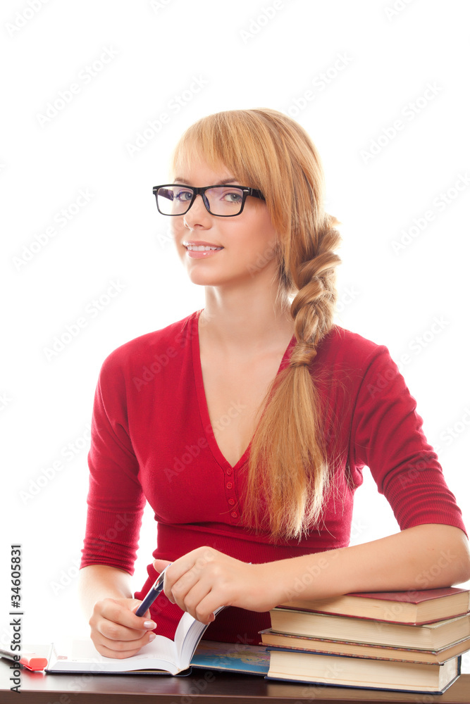 smiling schoolgirl teenager with books and textbooks in eyeglass smiling schoolgirl teenager with books and textbooks in eyeglass