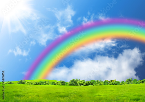 Rainbow in the blue sky over a glade