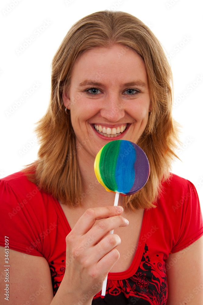 Young woman with colorful lolly over white background Young woman with colorful lolly over white background
