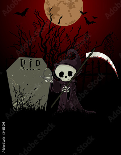 Cartoon grim reaper pointing to tombstone