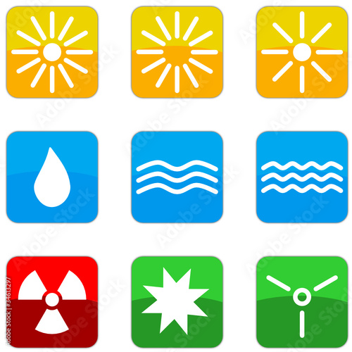 Neun Buttons Energie und Umwelt