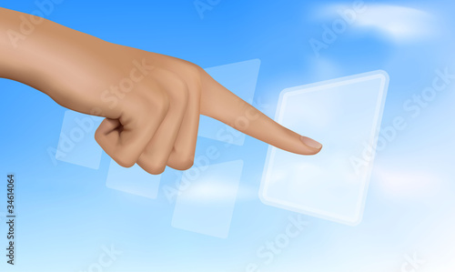 Hand touching a button. Solution concept. Vector.