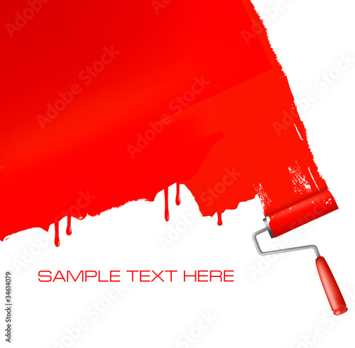 Red roller painting the white wall. Vector background.