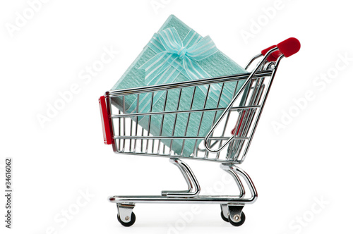 Shopping cart and giftboxes on white