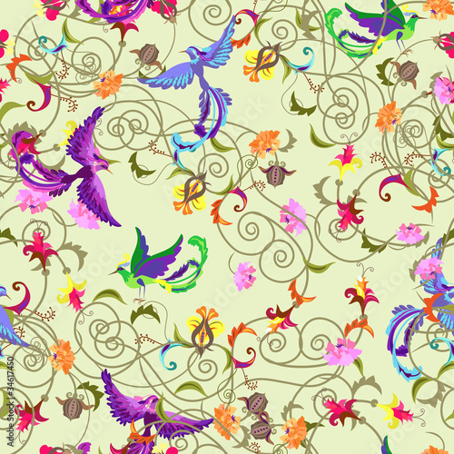 Seamless background with stylized flowers and birds