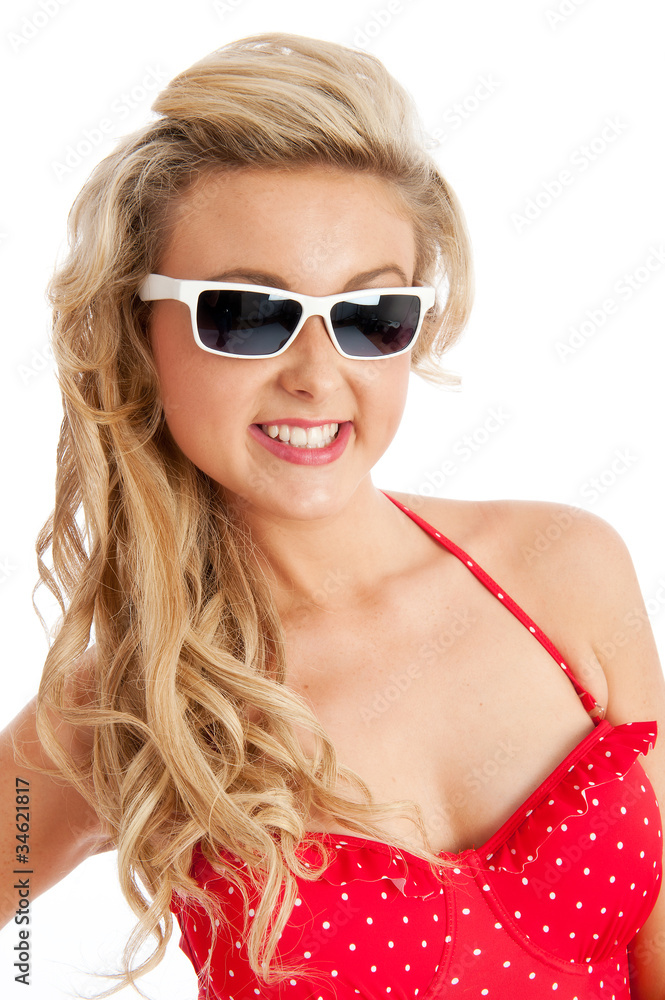 Happy female in red swimsuit and sunglasses Happy female in red swimsuit and sunglasses