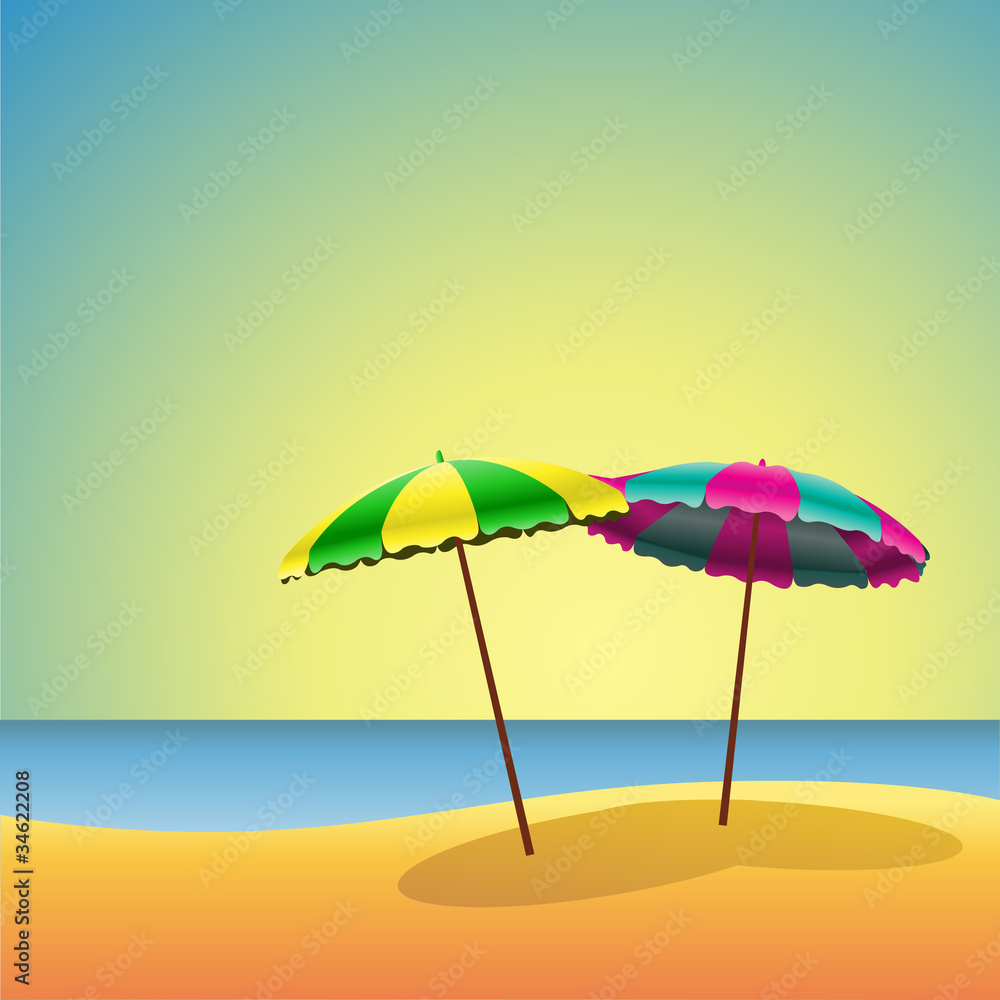 A Sandy Beach with two Parasols