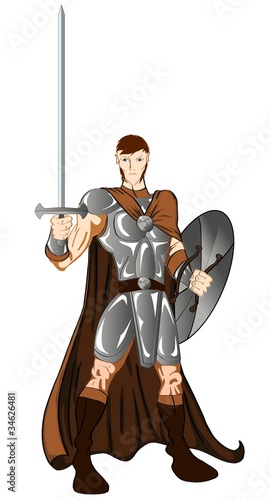 Guerrero con espada escudo y capa