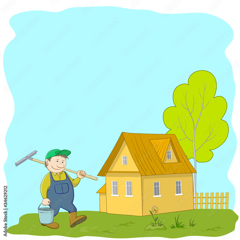 Man gardener near the house Man gardener near the house