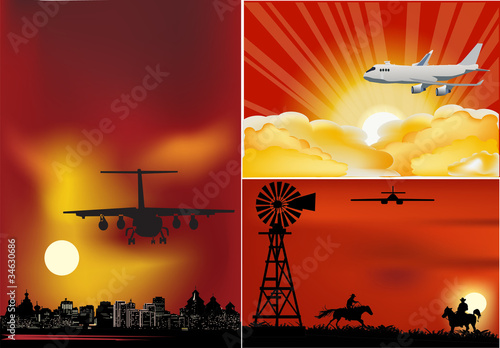 three compositions with planes at sunset