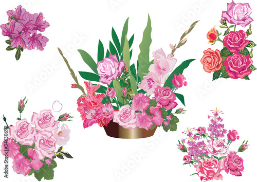 five pink flowers decoration isolated on white