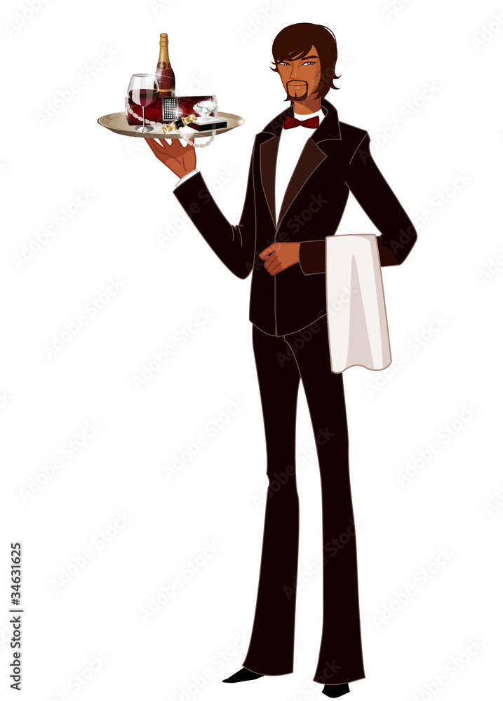 Portrait of waiter holding tray of bottle Portrait of waiter holding tray of bottle